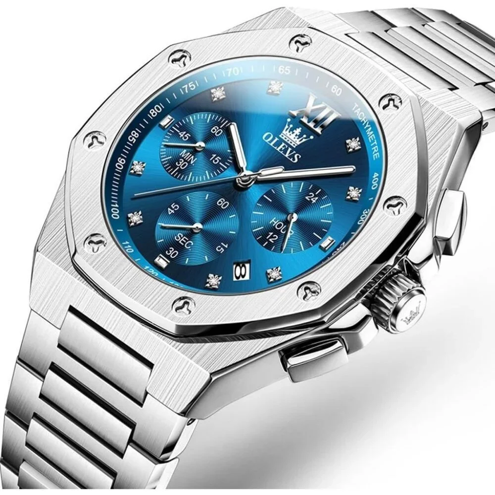 Olevs Men's Silver Blue Stain Steel Man Watch with Date Luminous Stylish Watch